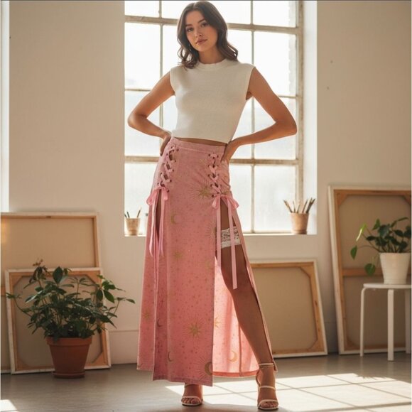 Maxi Skirt – Sugar Thrillz Pink/Gold Velour Moon Star Glitter Lace‑Up Side Slit - Picture 1 of 4